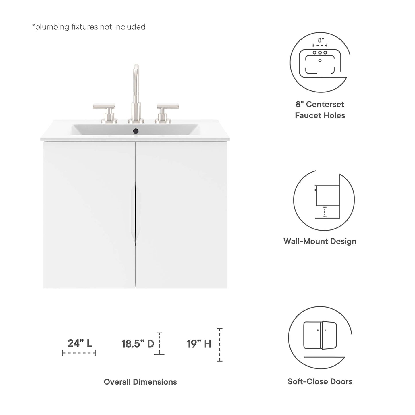 White bathroom vanity cabinet; sink basin not included; two soft-close doors; wall-mount design