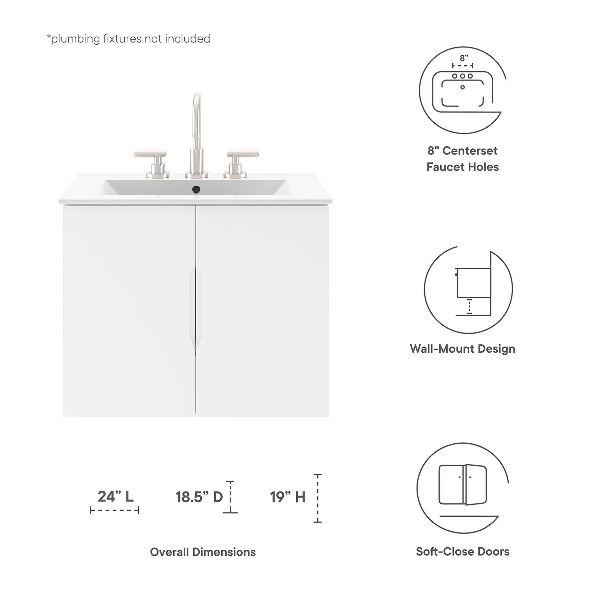 White bathroom vanity cabinet; sink basin not included; two soft-close doors; wall-mount design