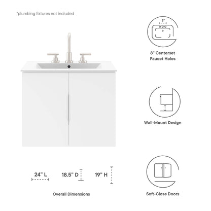 White bathroom vanity cabinet; sink basin not included; two soft-close doors; wall-mount design