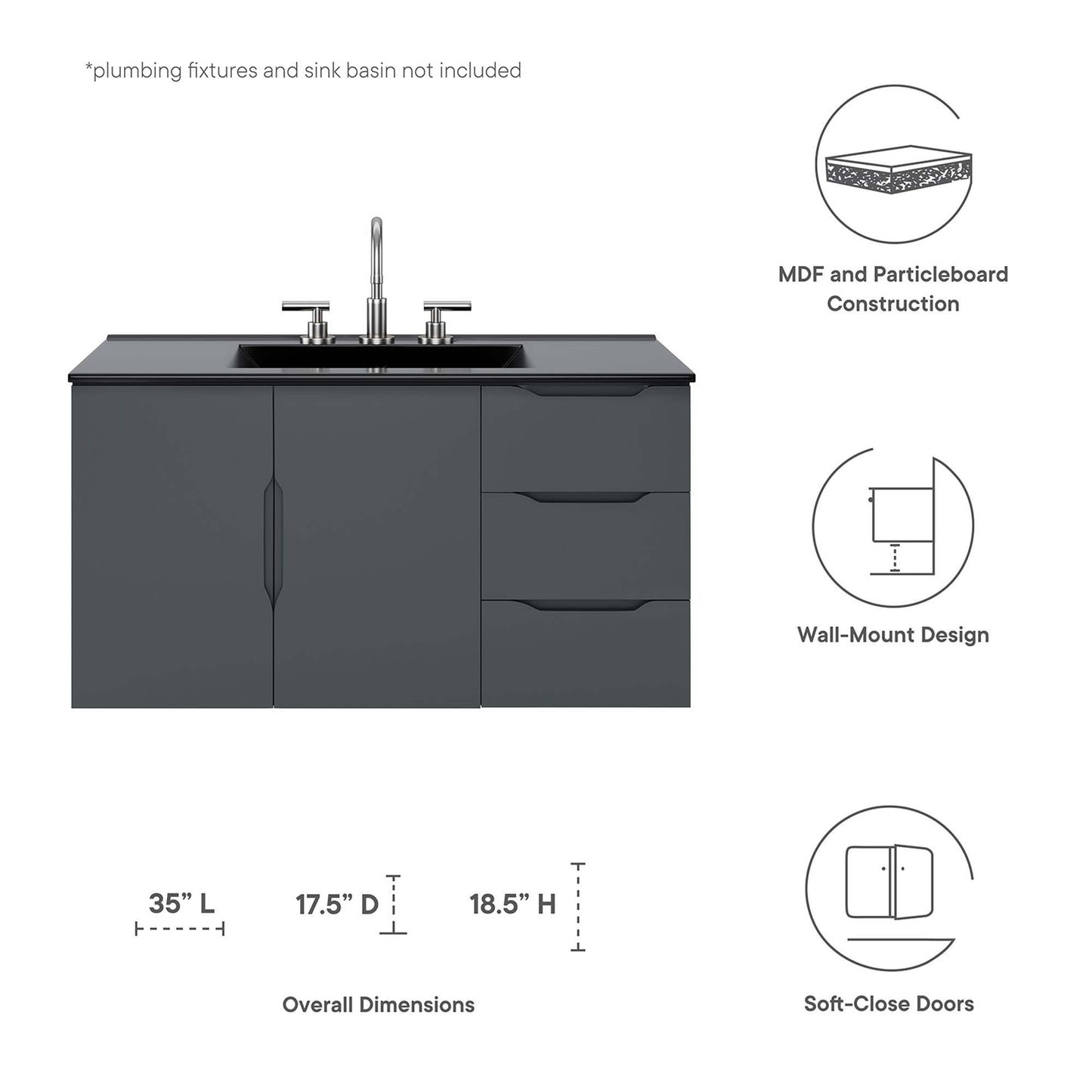 Modway - Vitality 36" Bathroom Vanity Cabinet (Sink Basin Not Included) by Modway  Bathroom Vanities Gray - EEI-4894-GRY