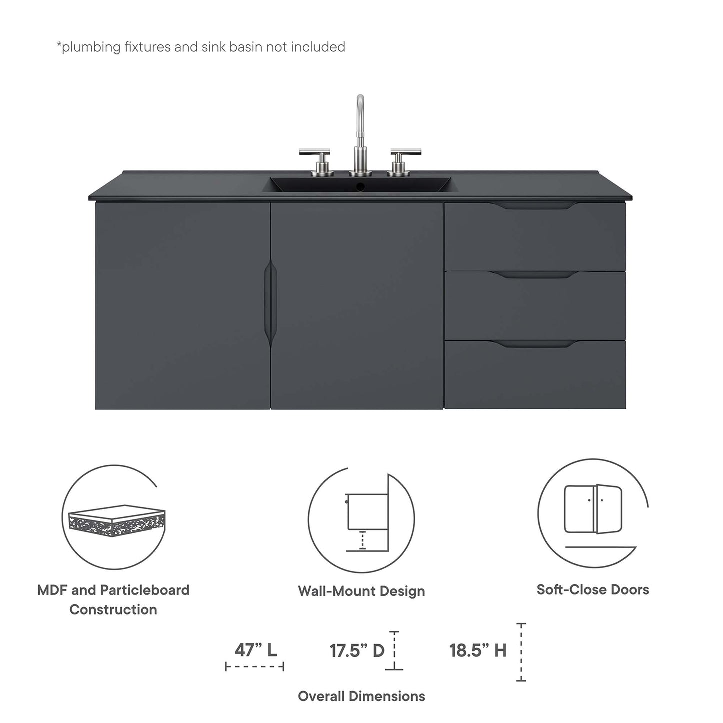 Modway - Vitality 48" Double or Single Sink Compatible (Not Included) Bathroom Vanity Cabinet by Modway  Bathroom Vanities Gray - EEI-4895-GRY
