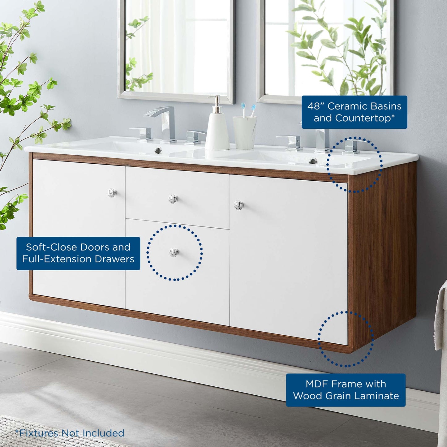 Modway Outlet Transmit 48" Wall-Mount Bathroom Vanity by Modway  Bathroom Furniture Walnut White - EEI-4901-WAL-WHI