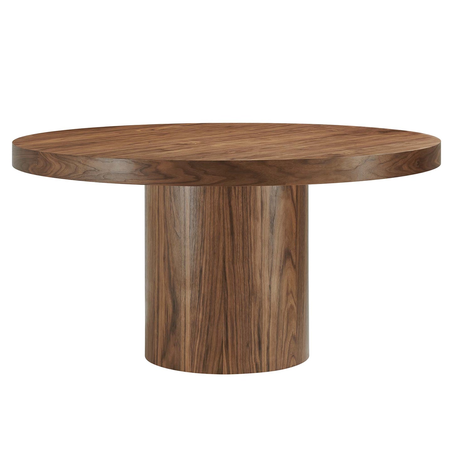 60-inch round walnut wood dining table with a wide circular top and cylindrical pedestal base