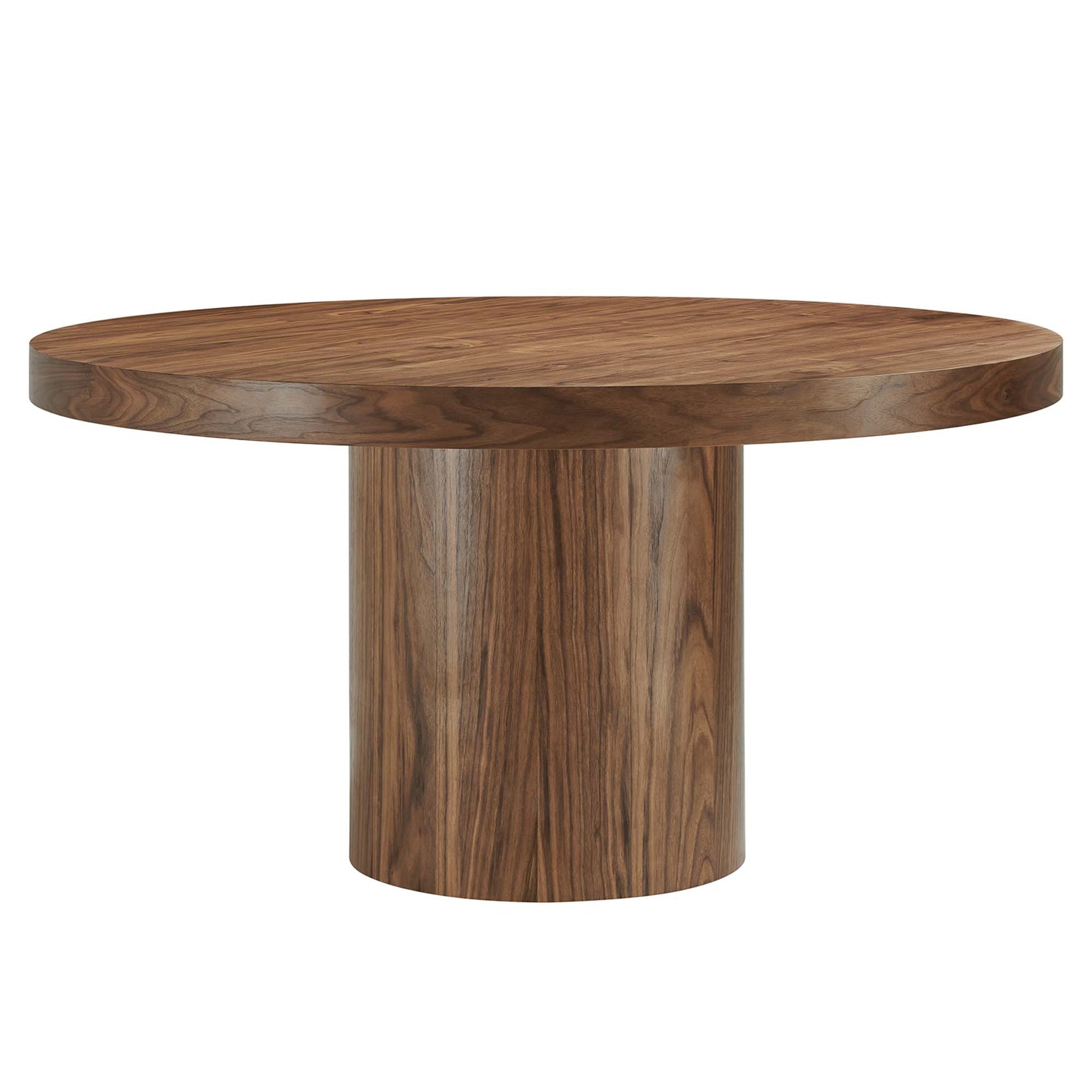 60-inch round walnut wood dining table with a wide circular top and cylindrical pedestal base