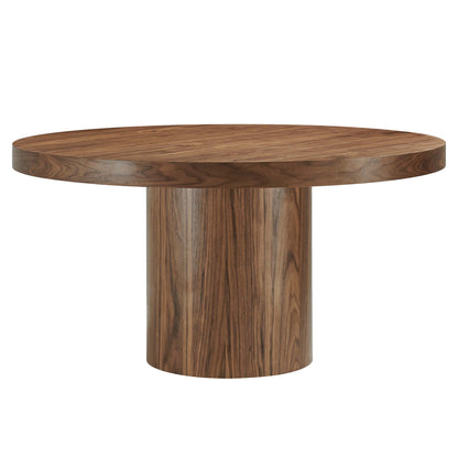 60-inch round walnut wood dining table with a wide circular top and cylindrical pedestal base