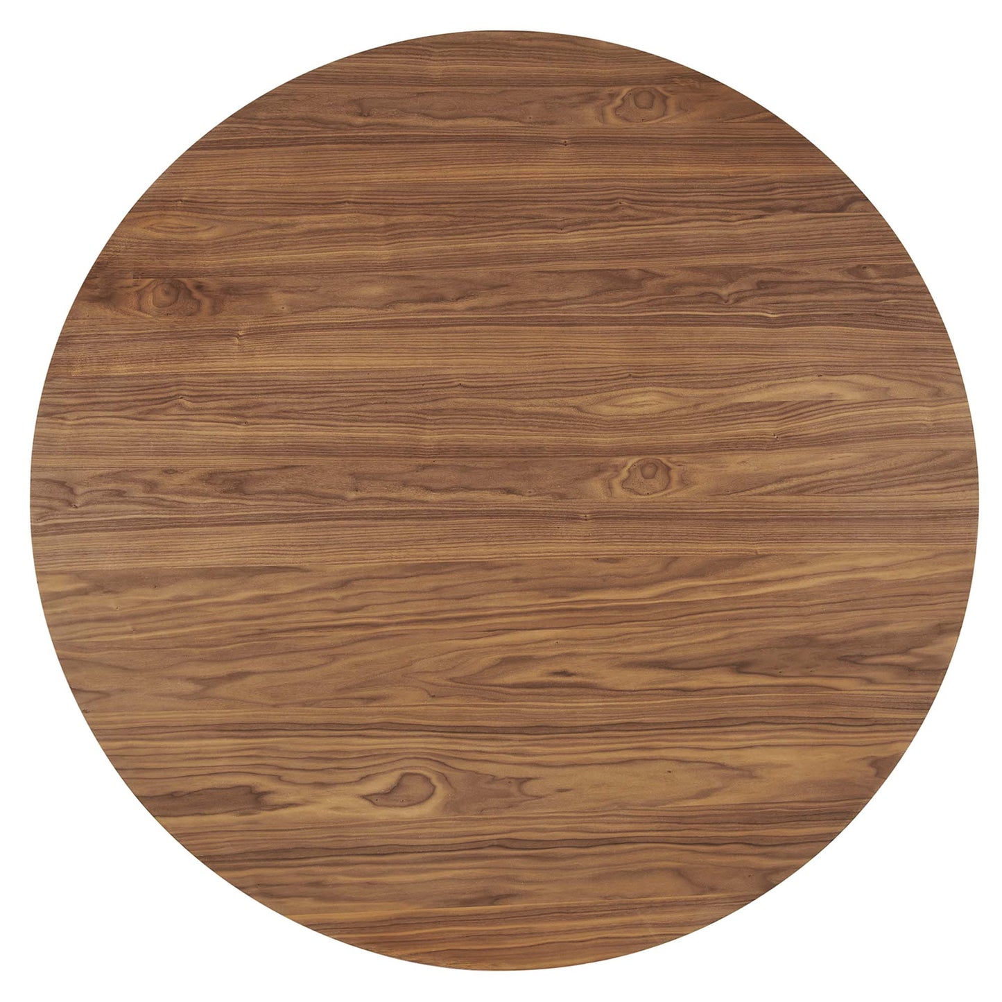 Round walnut wood tabletop with warm grain pattern.