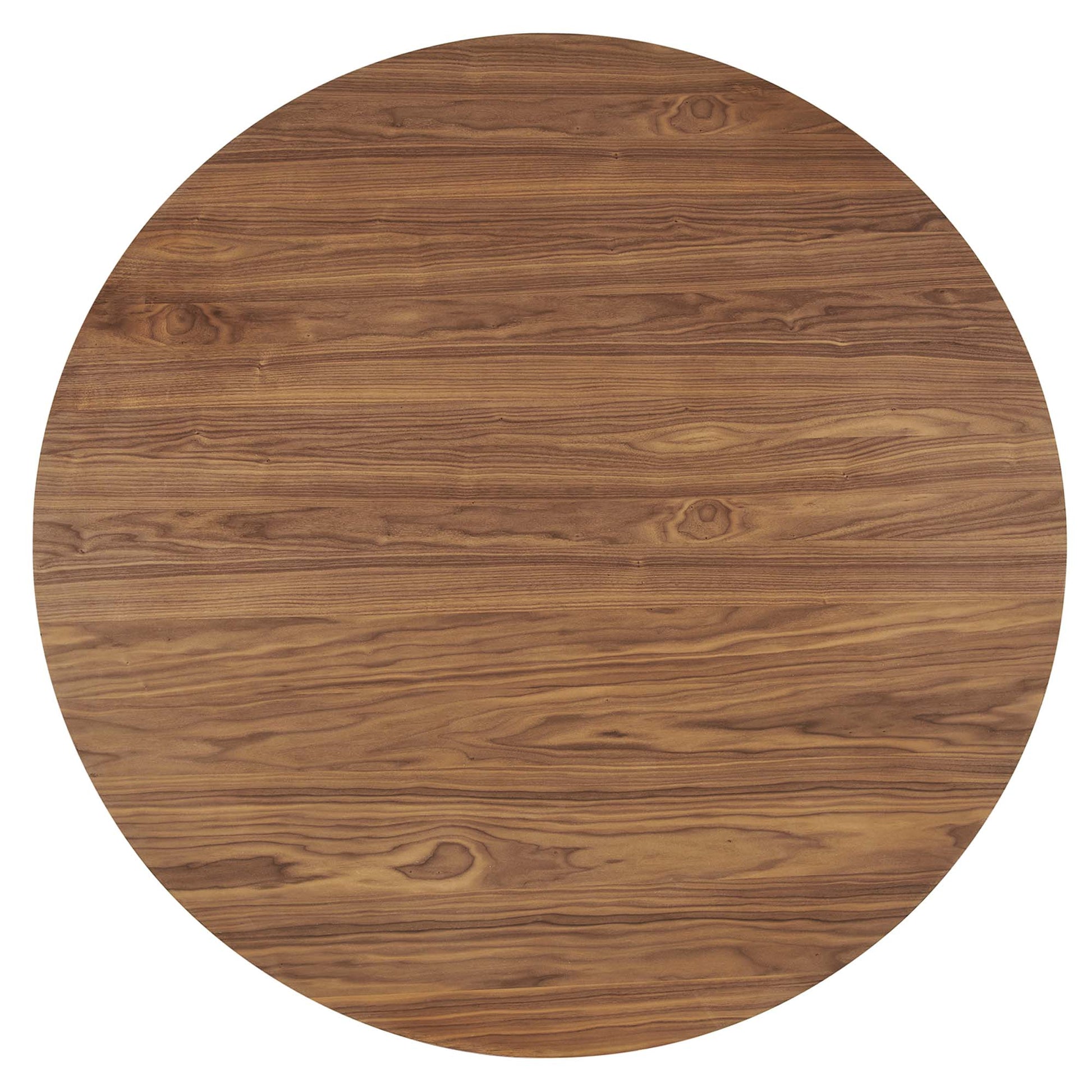 Round walnut wood tabletop with warm grain pattern.