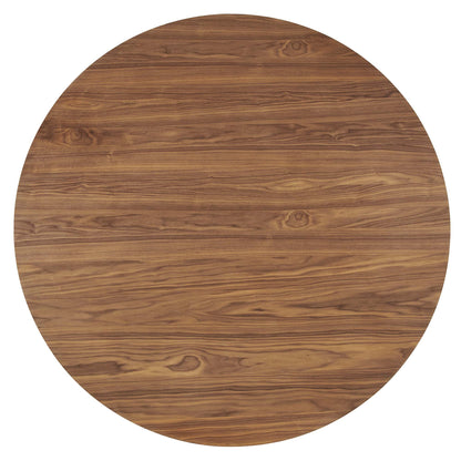 Round walnut wood tabletop with warm grain pattern.