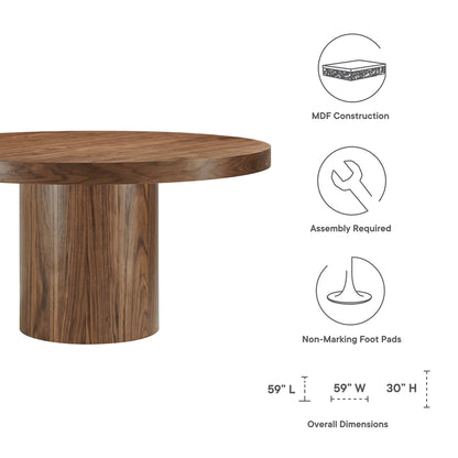 Walnut-finish round pedestal table with thick top and cylindrical base.