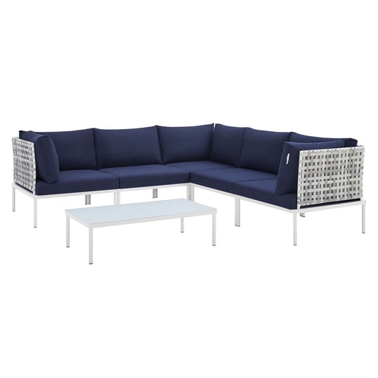 Modway Outlet Harmony 6-Piece Sunbrella? Basket Weave Outdoor Patio Aluminum Sectional Sofa Set by Modway  Outdoor Furniture Furniture Taupe Navy - EEI-4926-TAU-NAV-SET