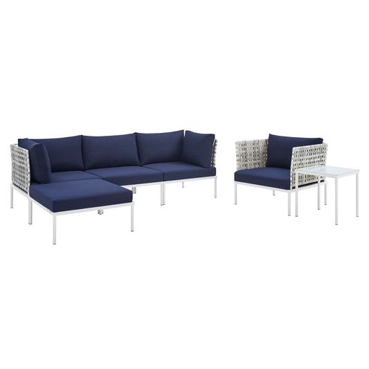 Modway Outlet Harmony 6-Piece Sunbrella? Basket Weave Outdoor Patio Aluminum Seating Set by Modway  Outdoor Furniture Furniture Taupe Navy - EEI-4930-TAU-NAV-SET