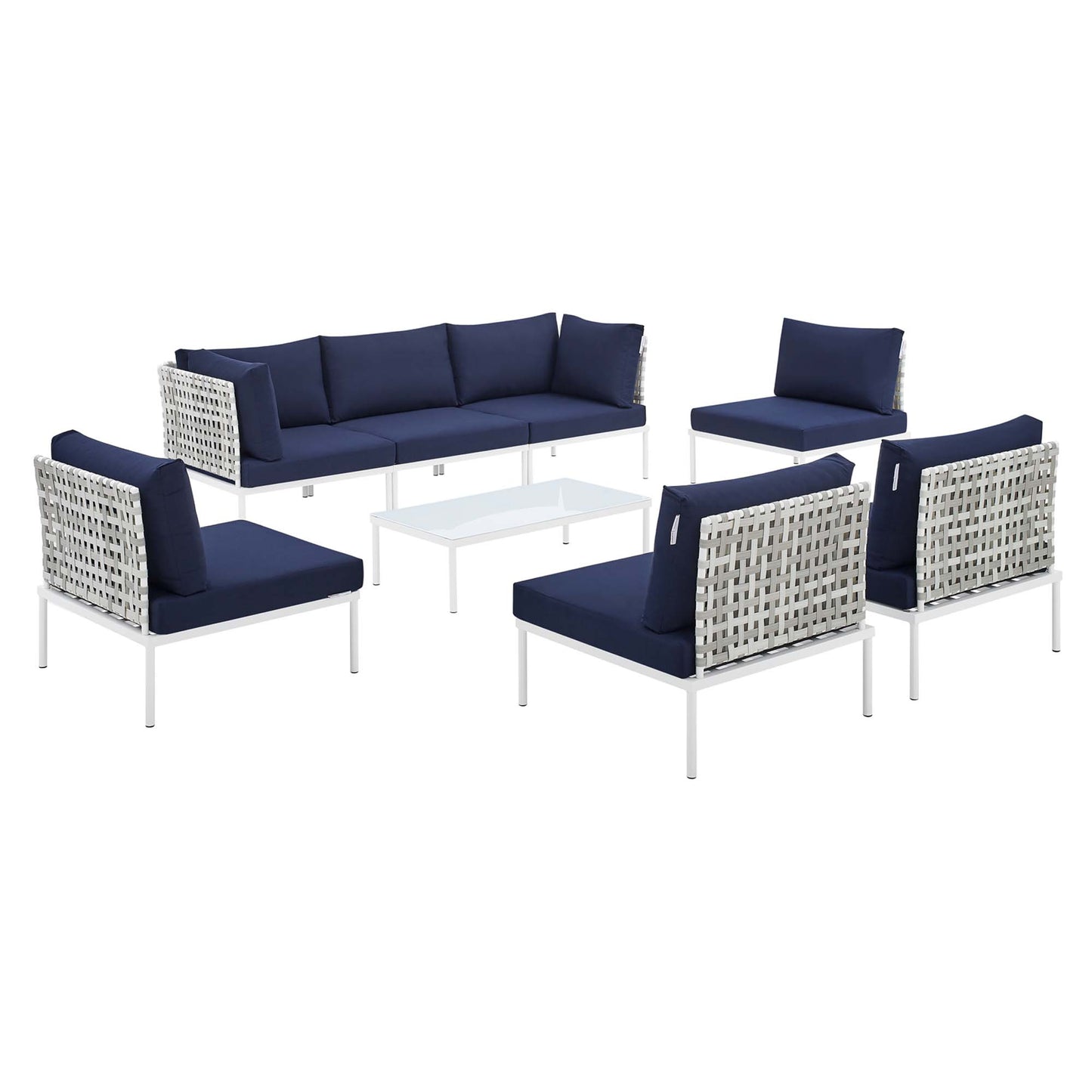 Modway Outlet Harmony 8-Piece Sunbrella? Basket Weave Outdoor Patio Aluminum Sectional Sofa Set by Modway  Outdoor Furniture Furniture Taupe Navy - EEI-4938-TAU-NAV-SET
