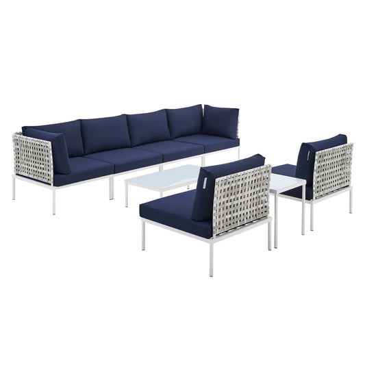 Modway Outlet Harmony 8-Piece Sunbrella? Basket Weave Outdoor Patio Aluminum Sectional Sofa Set by Modway  Outdoor Furniture Furniture Taupe Navy - EEI-4942-TAU-NAV-SET