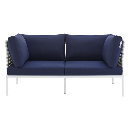 Modway Outlet Harmony Sunbrella? Basket Weave Outdoor Patio Aluminum Loveseat by Modway  Outdoor Furniture Furniture Taupe Navy - EEI-4961-TAU-NAV