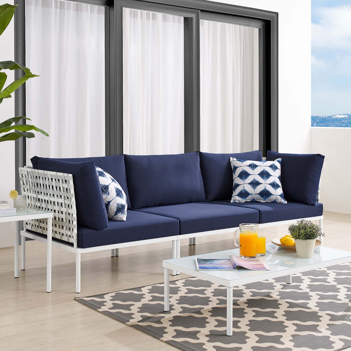 Modway Outlet Harmony Sunbrella? Basket Weave Outdoor Patio Aluminum Sofa by Modway  Outdoor Furniture Furniture Taupe Navy - EEI-4965-TAU-NAV