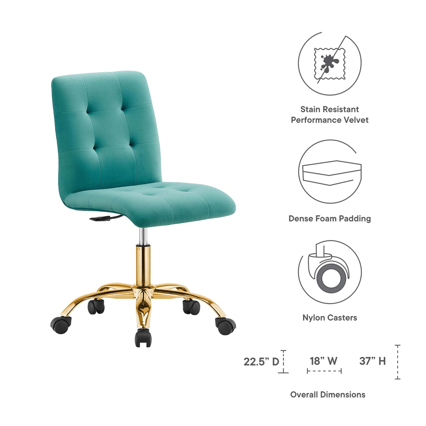Modway - Prim Armless Performance Velvet Office Chair by Modway  Office Furniture Office Chairs Blue - EEI-4973-GLD-TEA