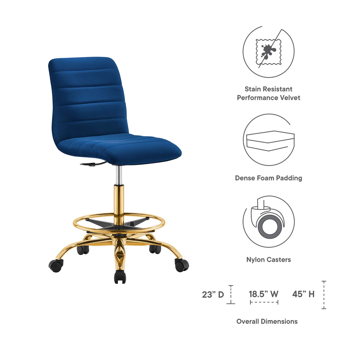 Modway - Ripple Armless Performance Velvet Drafting Chair by Modway  Office Furniture Office Chairs Blue - EEI-4976-GLD-NAV