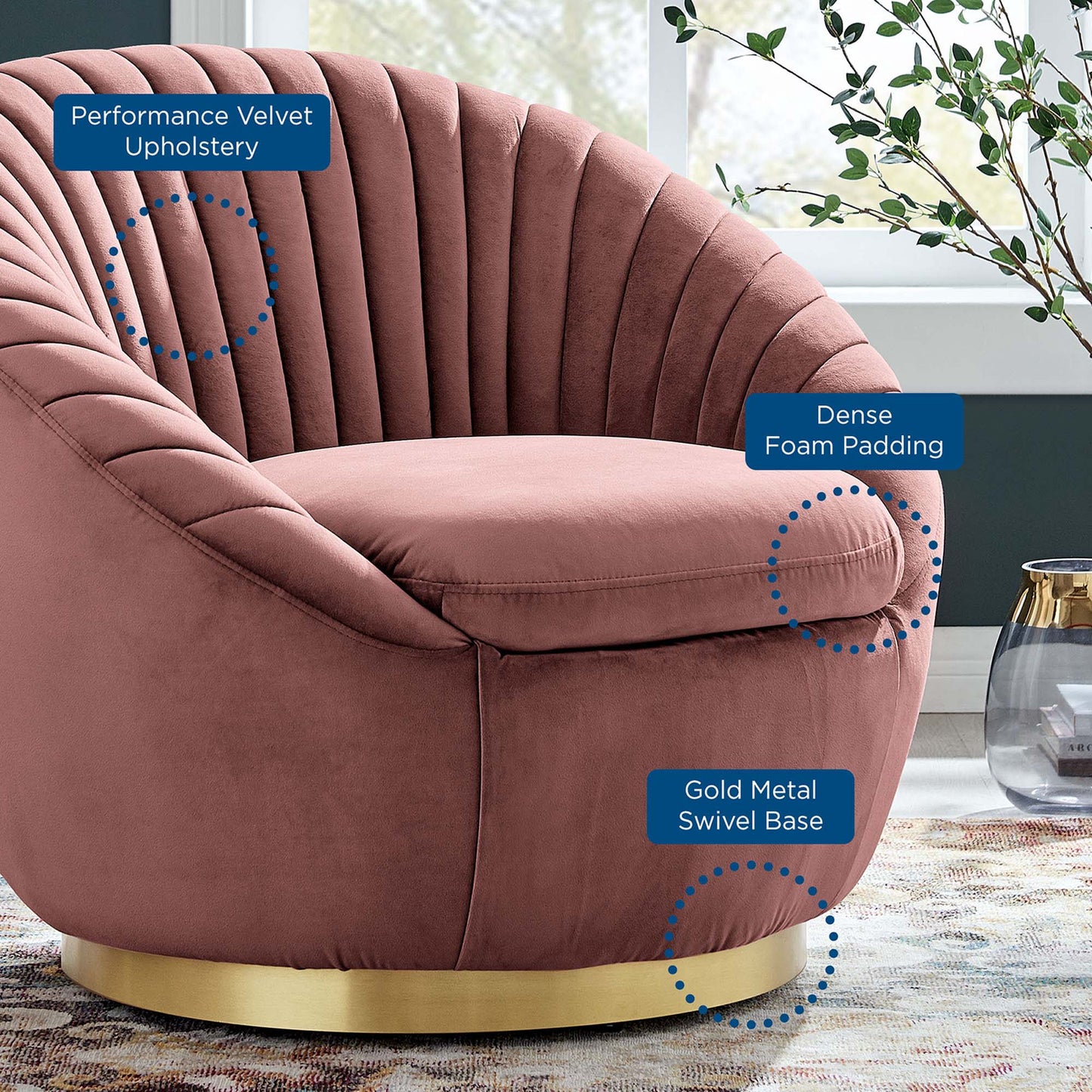 Modway Outlet Whirr Tufted Performance Velvet Swivel Chair by Modway  Living Room Furniture Gold Dusty Rose - EEI-5002-GLD-DUS