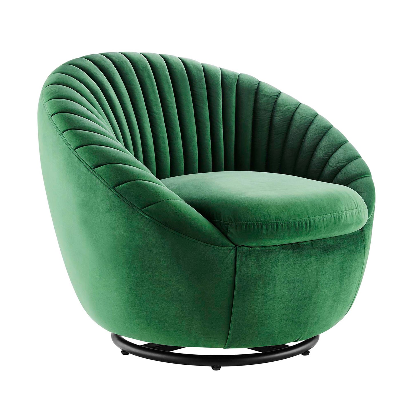 Emerald green velvet swivel chair with curved vertical-channel back, plush cushion, and circular metal base.