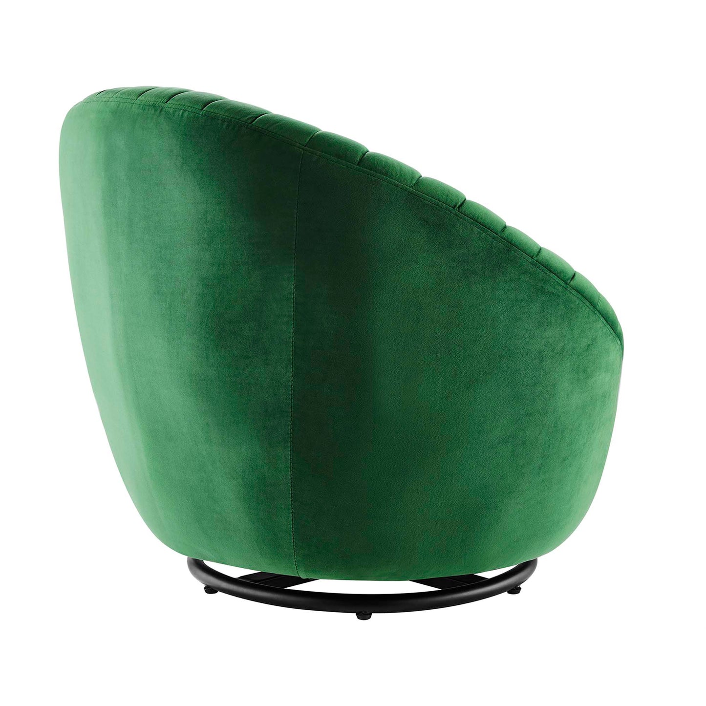 Emerald green velvet rounded swivel chair with curved back and black circular base.