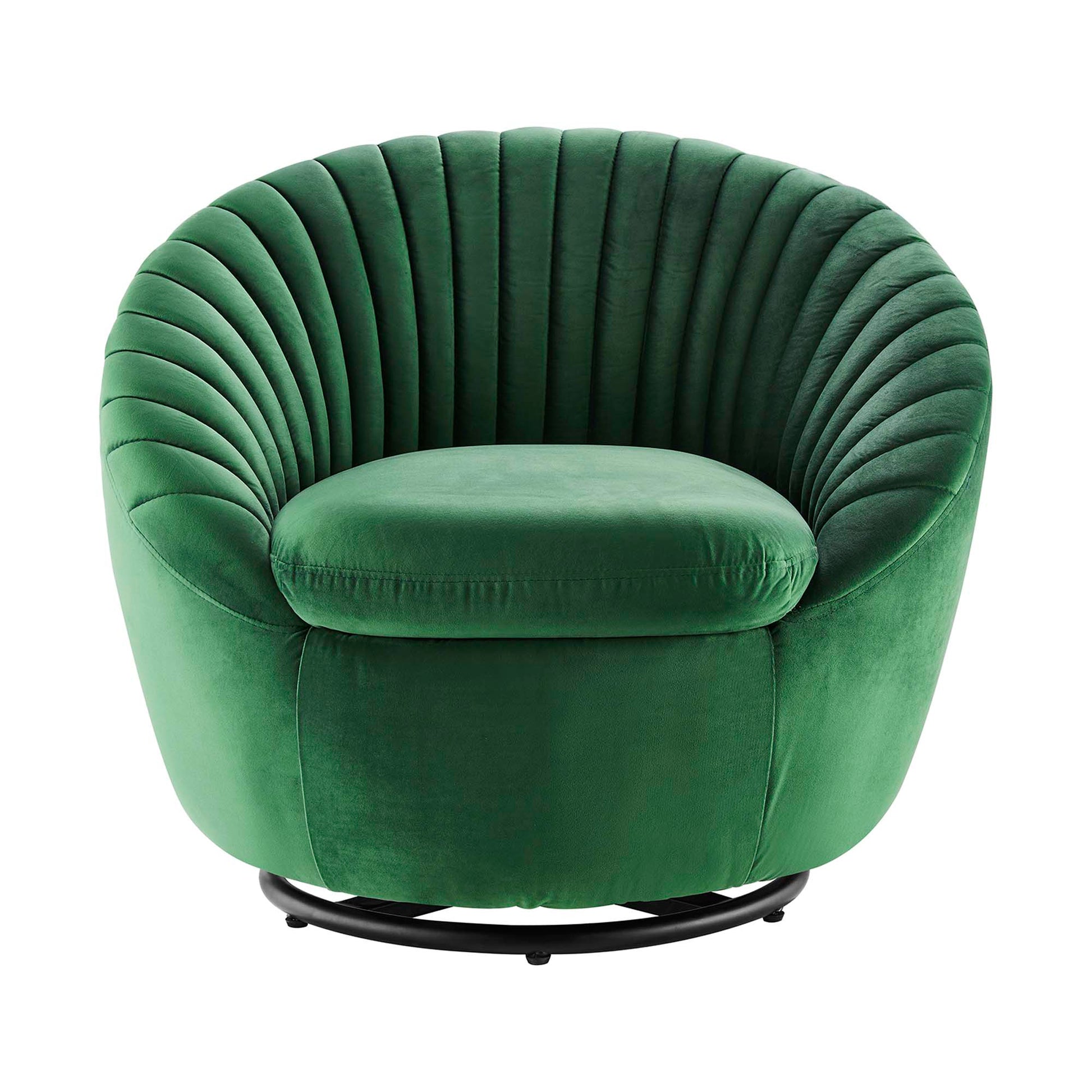 Emerald green velvet round tub chair with tufted back and plush cushion on a black circular metal base