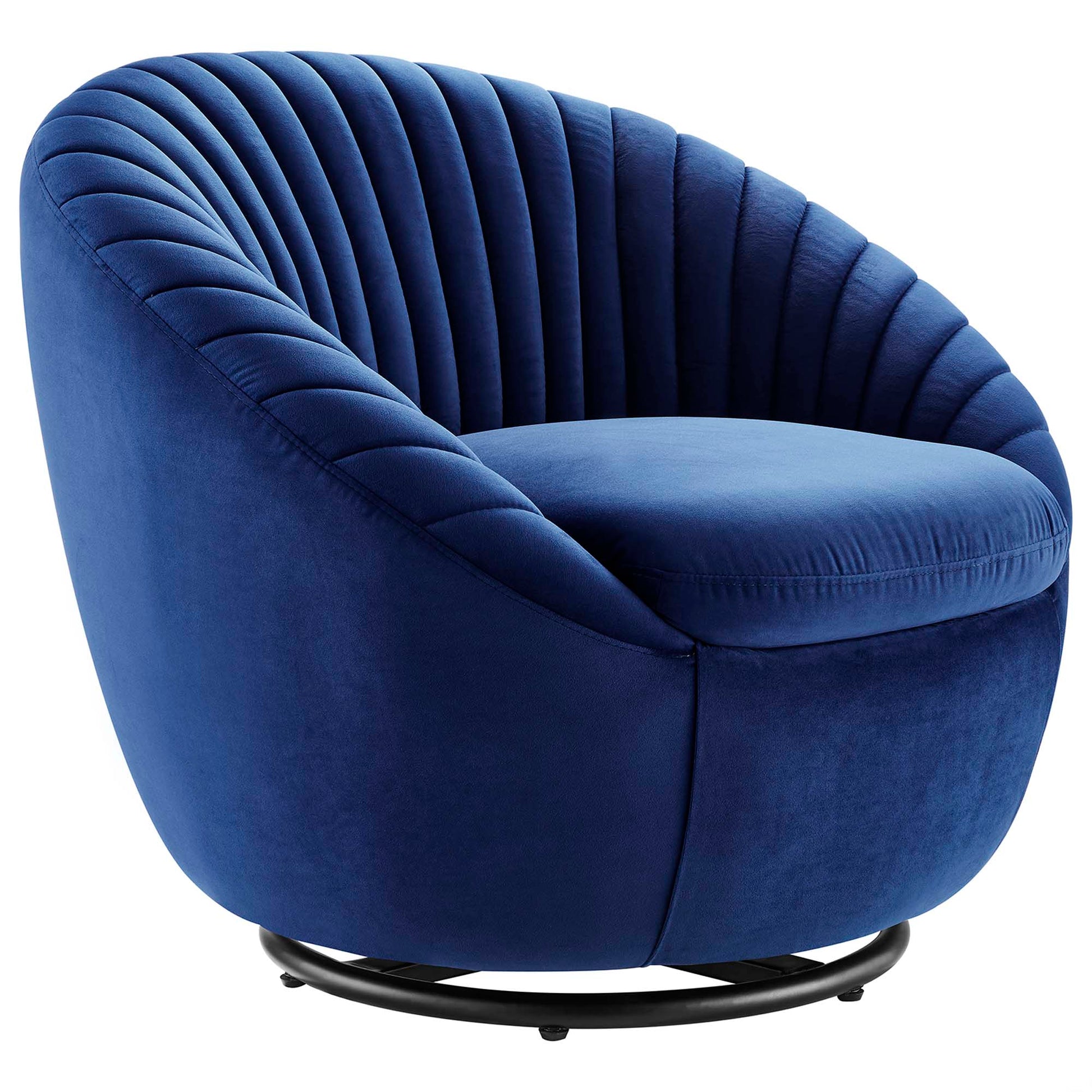 Navy blue velvet tufted swivel chair with curved back and round metal base.