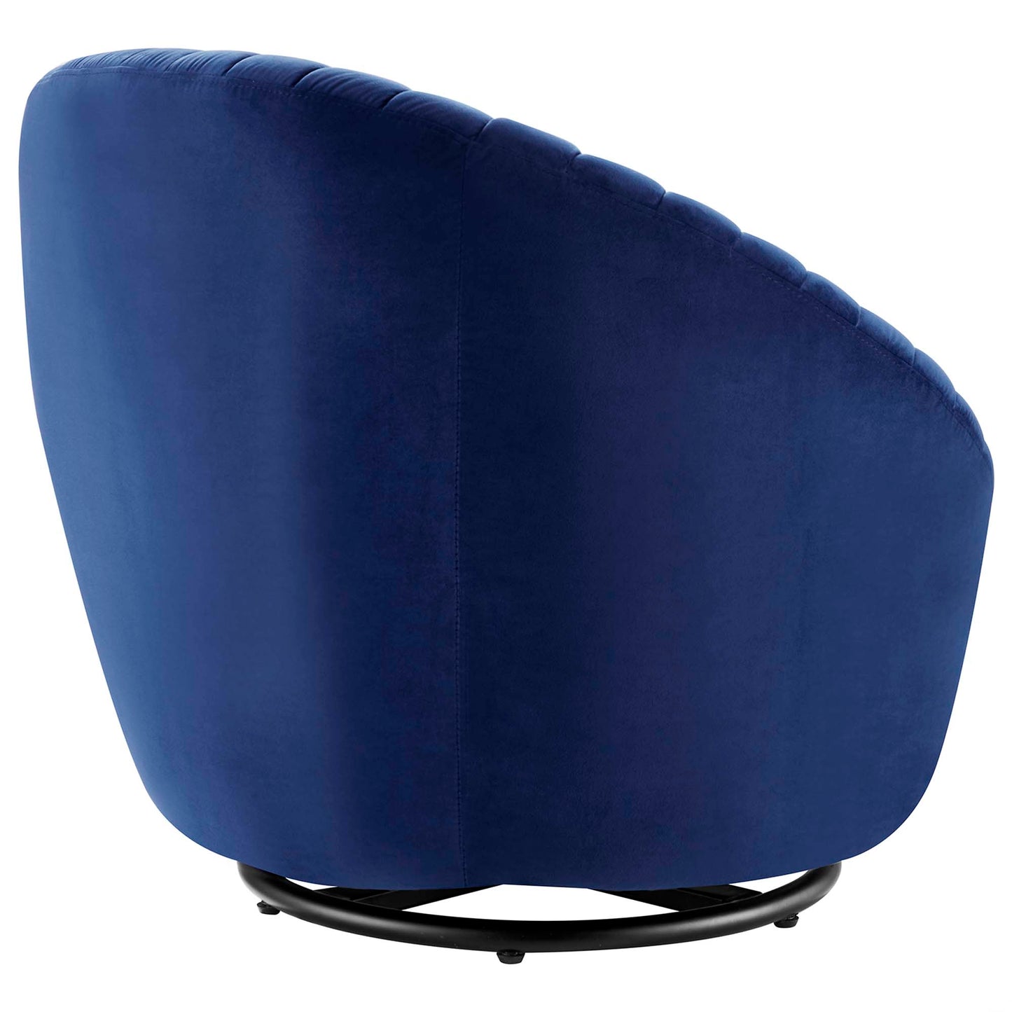 Navy blue velvet curved-back swivel chair on a black circular swivel base.