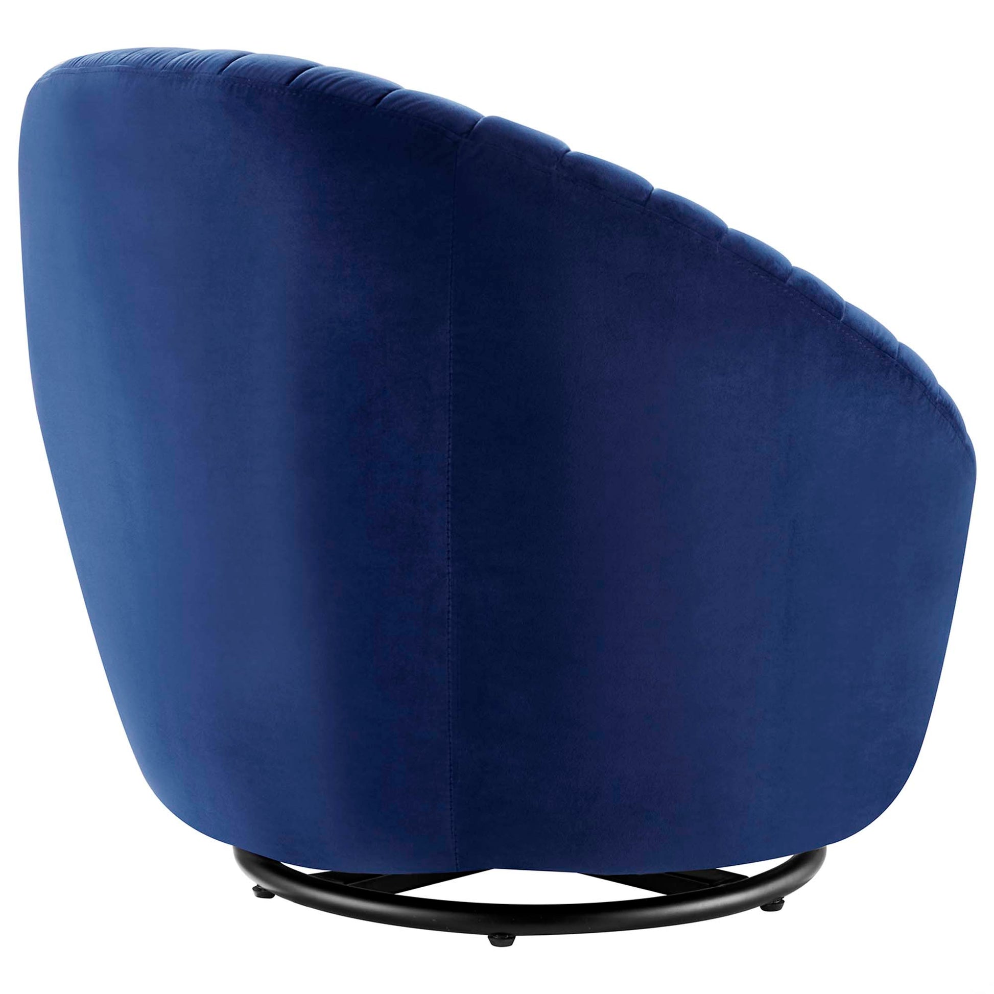 Navy blue velvet curved-back swivel chair on a black circular swivel base.