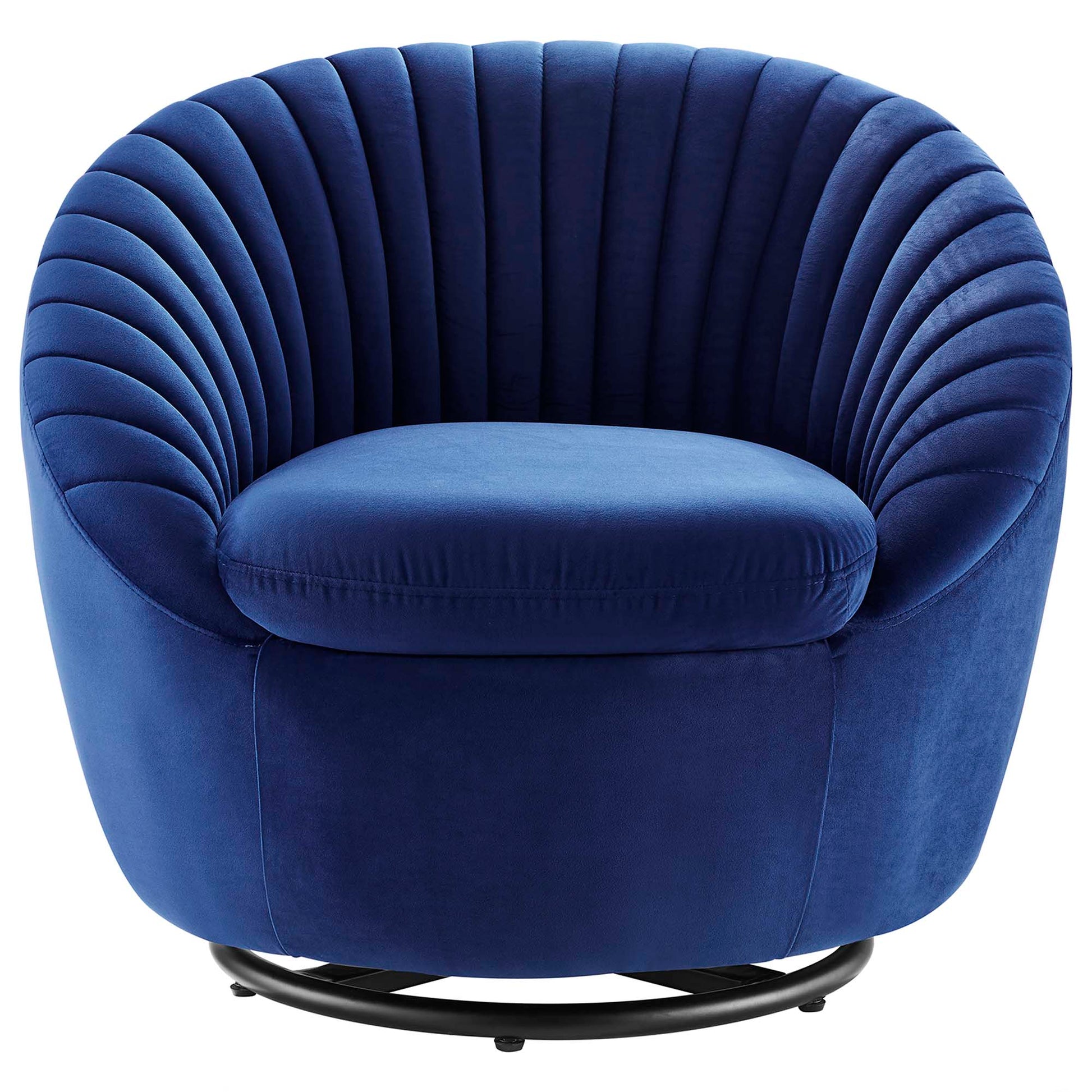 Navy blue velvet swivel round accent chair with vertical channel tufting and a black circular metal base
