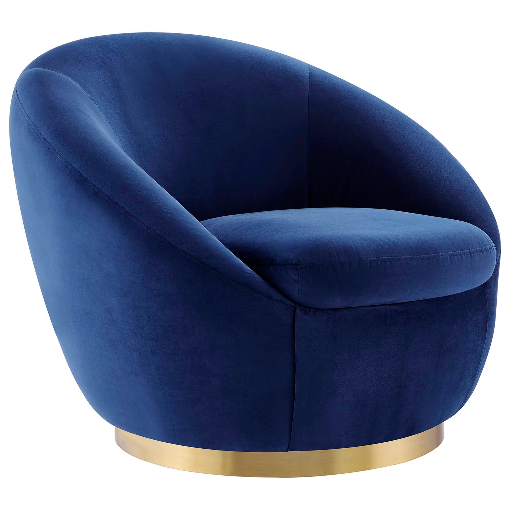 Navy blue velvet barrel chair with curved back and gold metal ring base, modern lounge style.