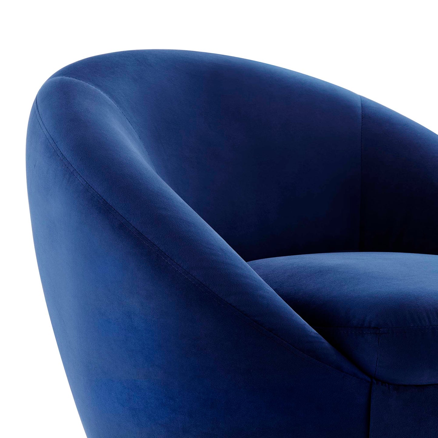 navy blue velvet swivel chair with plush rounded back and seat
