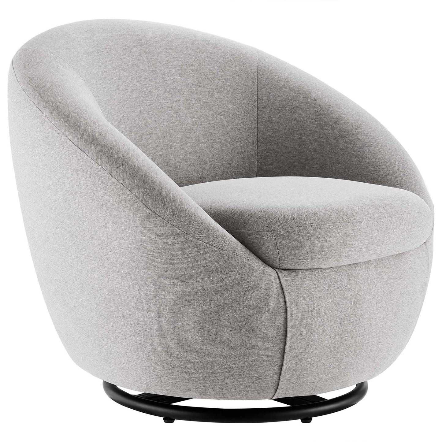 Light gray fabric swivel lounge chair with rounded back, cushioned seat, and black circular metal base.