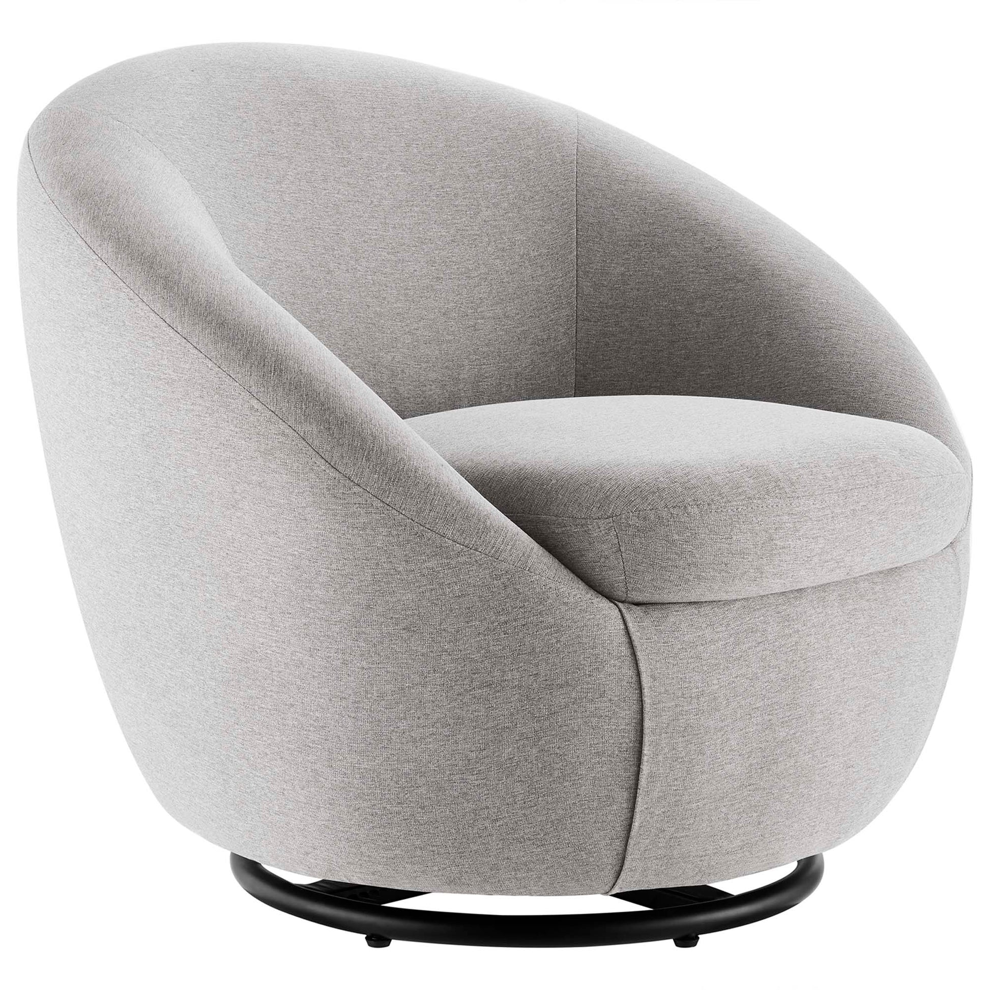 Light gray fabric swivel lounge chair with rounded back, cushioned seat, and black circular metal base.