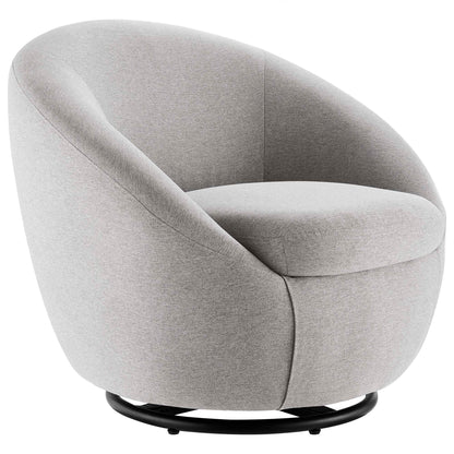 Light gray fabric swivel lounge chair with rounded back, cushioned seat, and black circular metal base.
