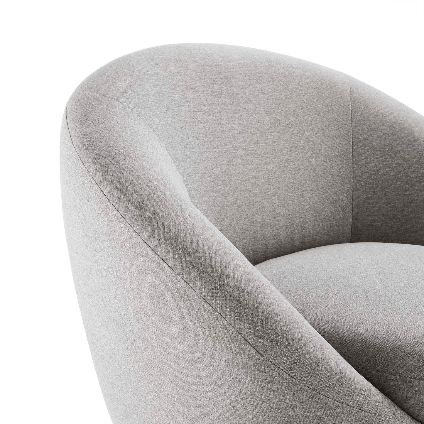 Light gray fabric upholstered lounge chair with curved armrests and soft, rounded silhouette.