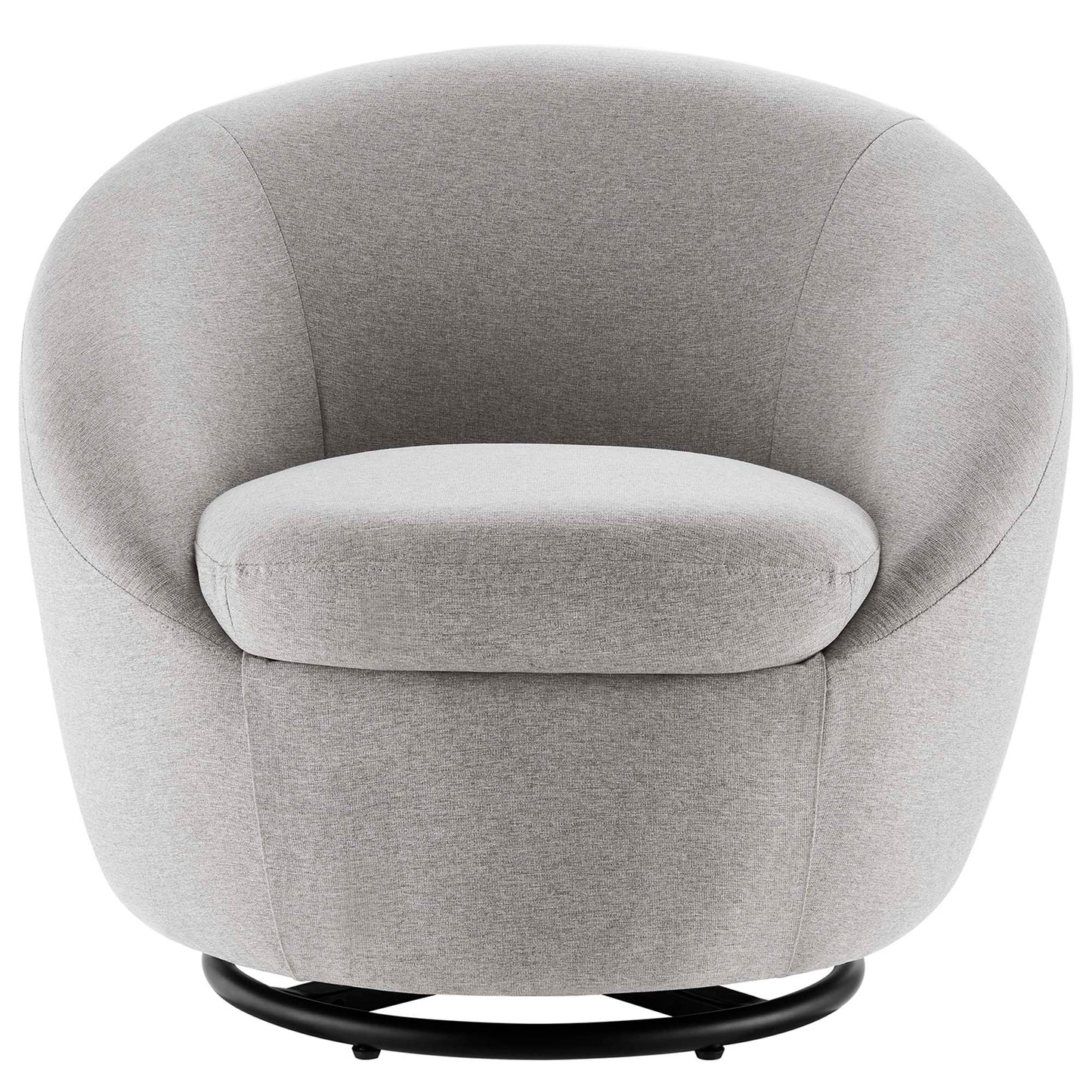 Light gray fabric swivel barrel chair with rounded back and seat cushion on a black circular base.