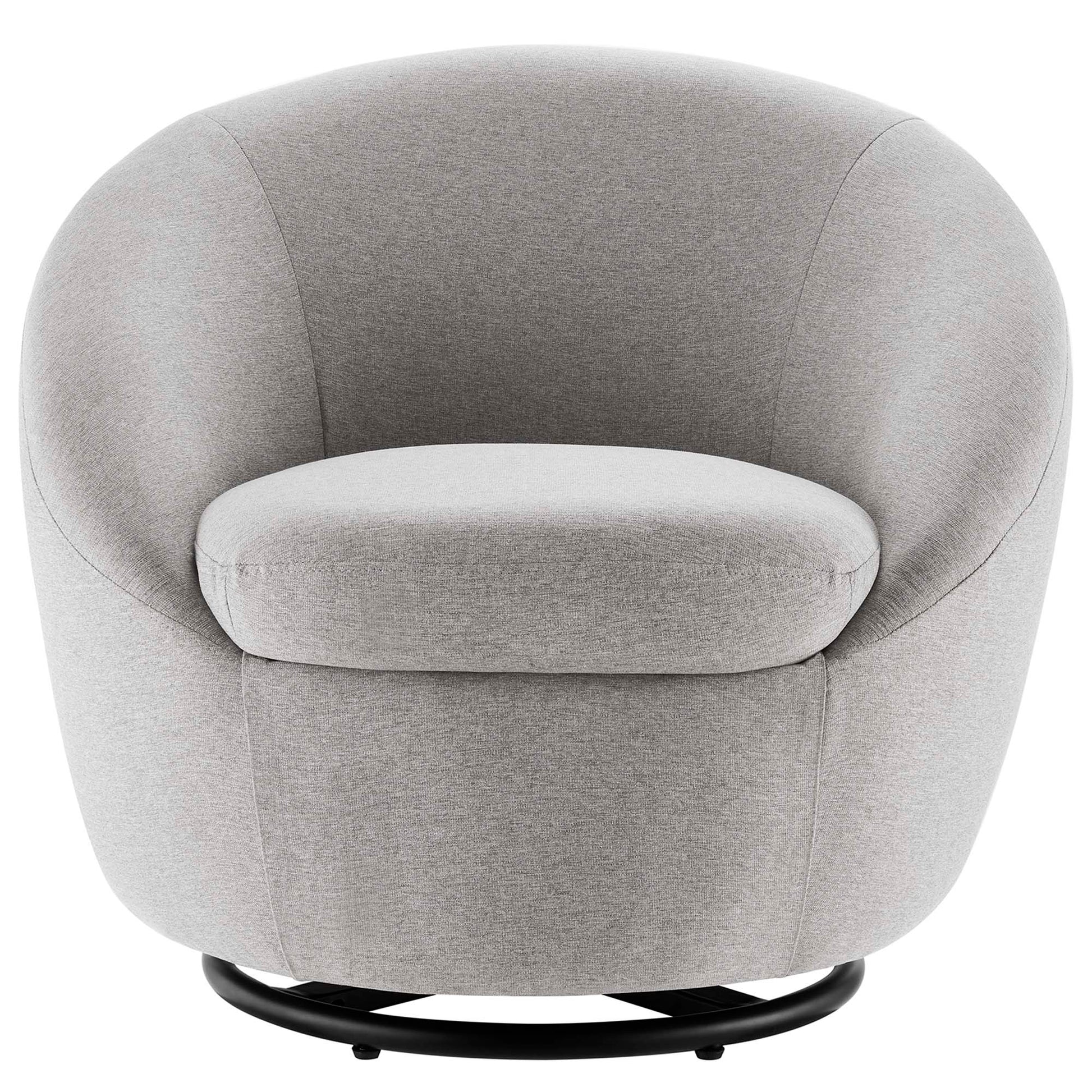 Light gray fabric swivel barrel chair with rounded back and seat cushion on a black circular base.