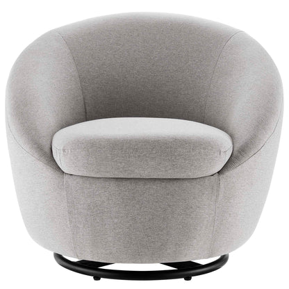 Light gray fabric swivel barrel chair with rounded back and seat cushion on a black circular base.