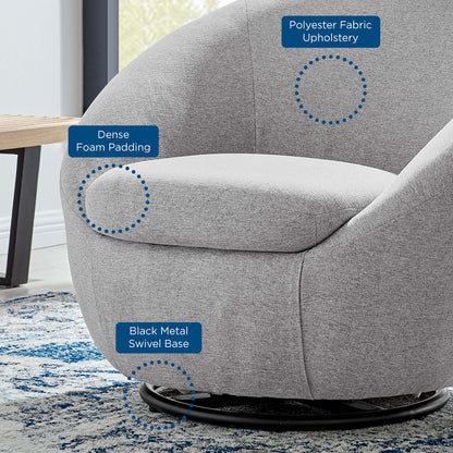 Gray rounded lounge chair with dense foam padding, polyester fabric upholstery & a black metal swivel base.