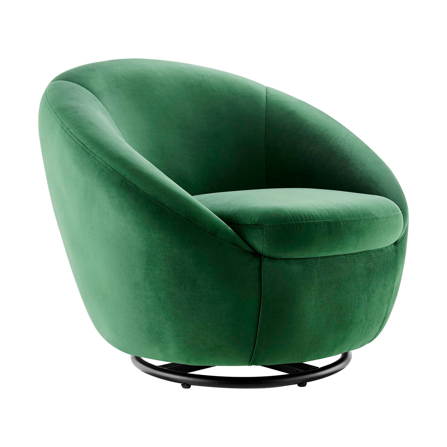 Emerald green velvet swivel chair with curved back and circular black metal base