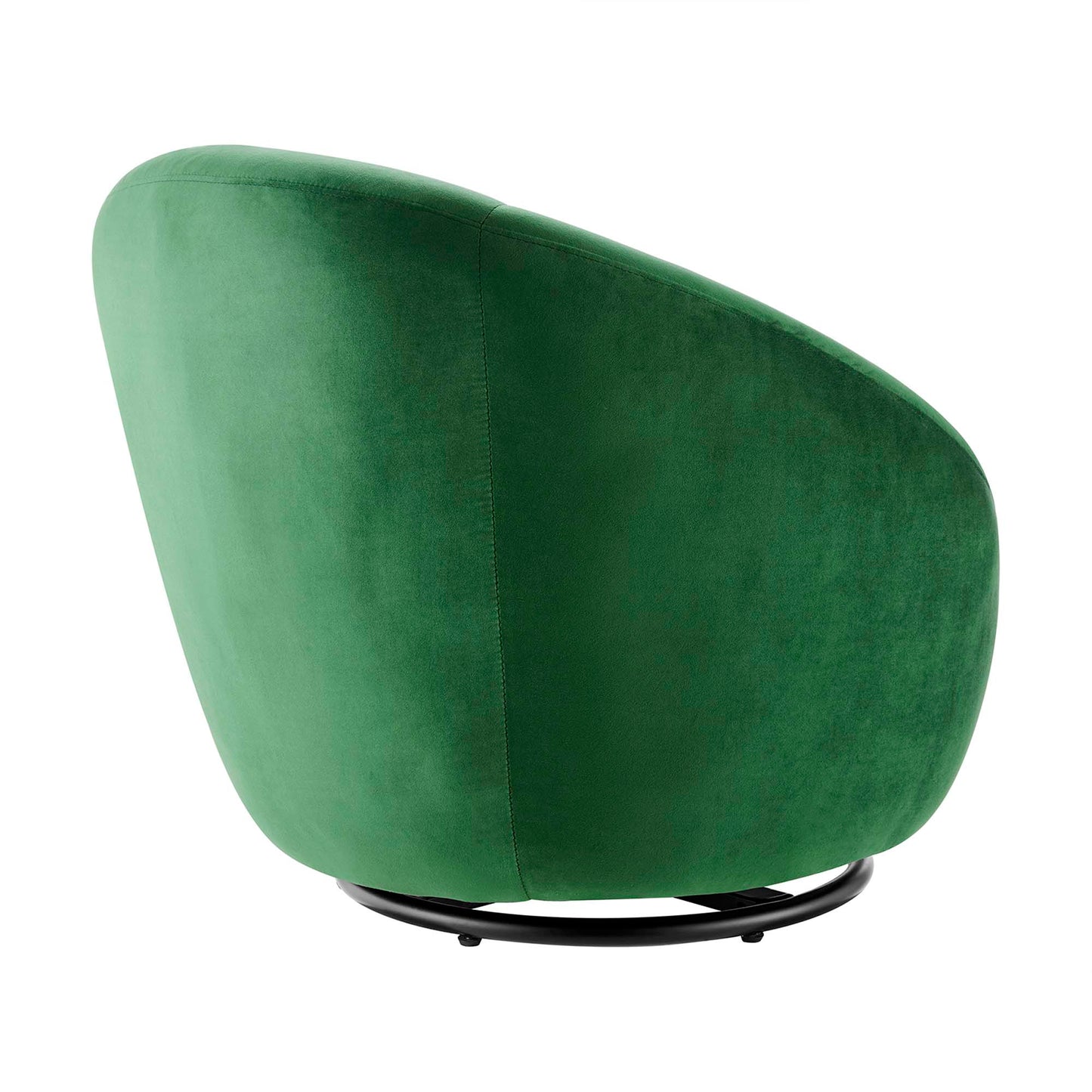 Emerald green velvet swivel chair with round black metal base