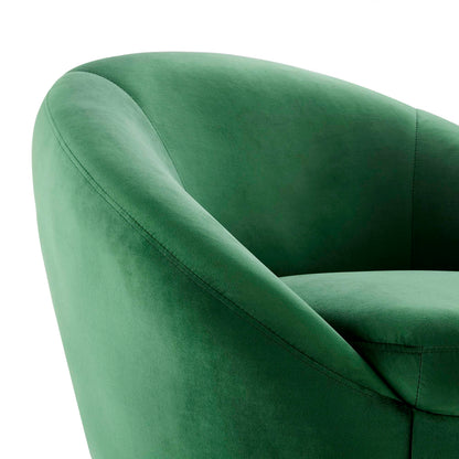 Emerald green velvet swivel chair with curved back and plush seat, modern lounge style.