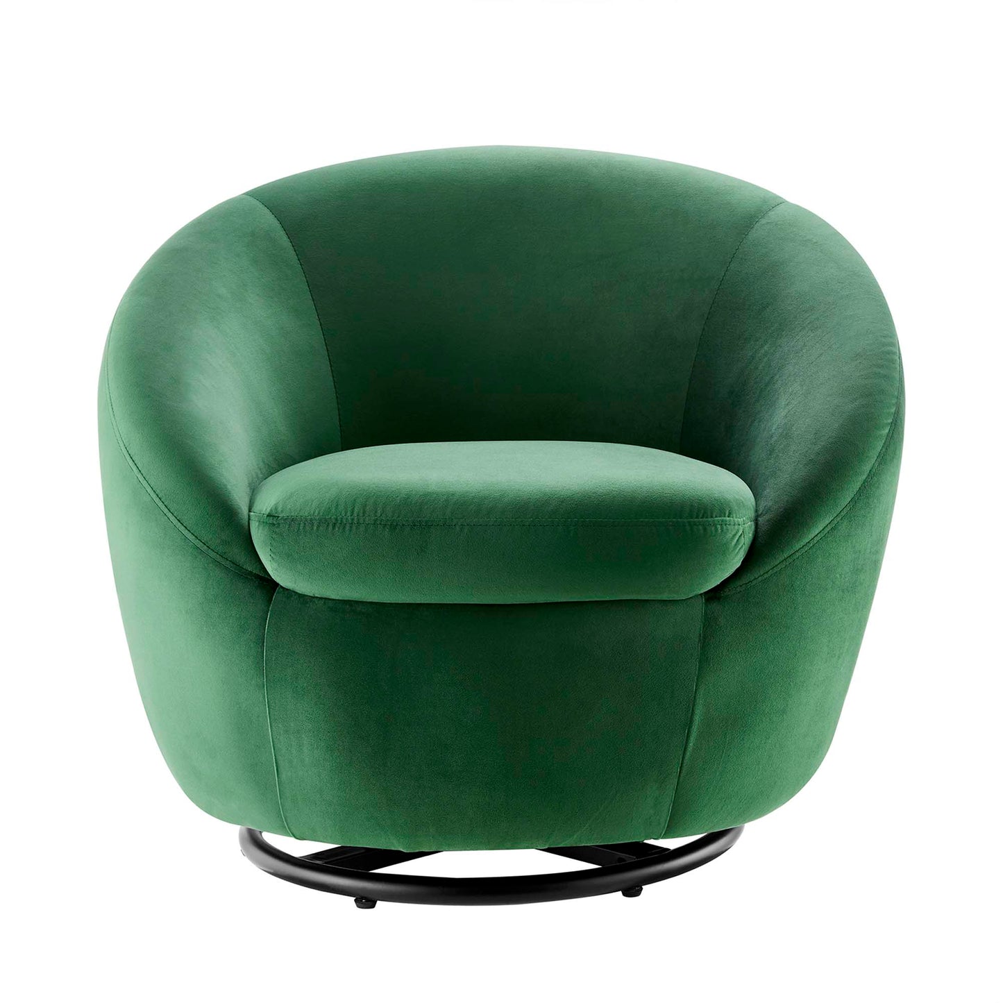 Emerald green velvet swivel barrel chair with rounded back and cushioned seat on a black circular base.