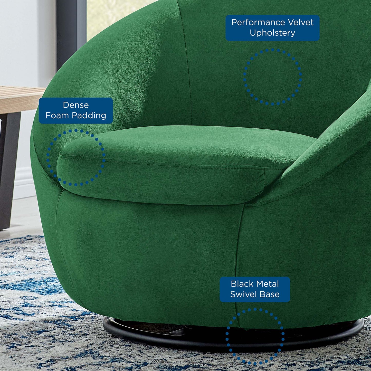 Emerald green performance velvet swivel chair with dense foam padding and black metal swivel base.