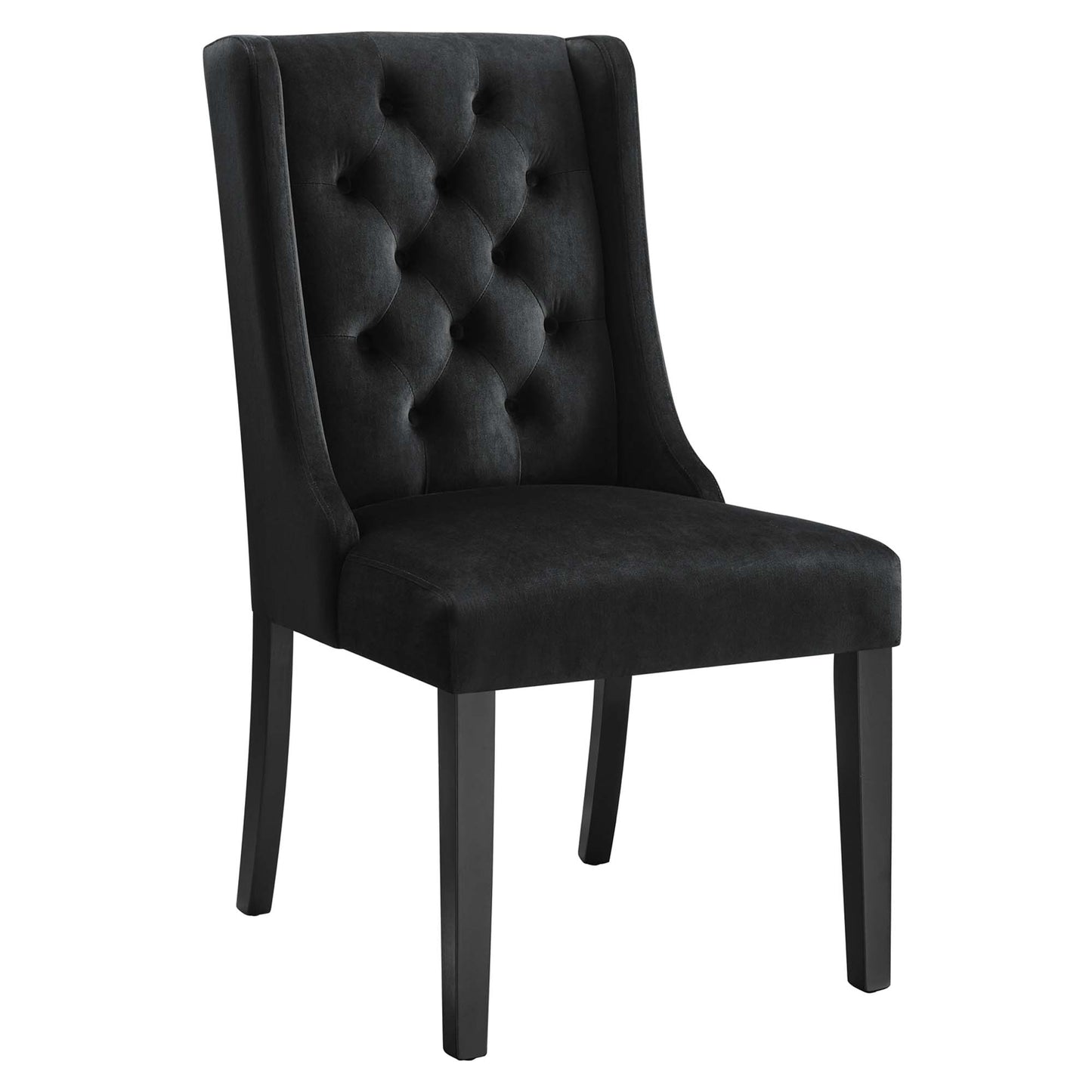 Black button-tufted dining chair with padded seat, curved high back, and straight tapered wooden legs.