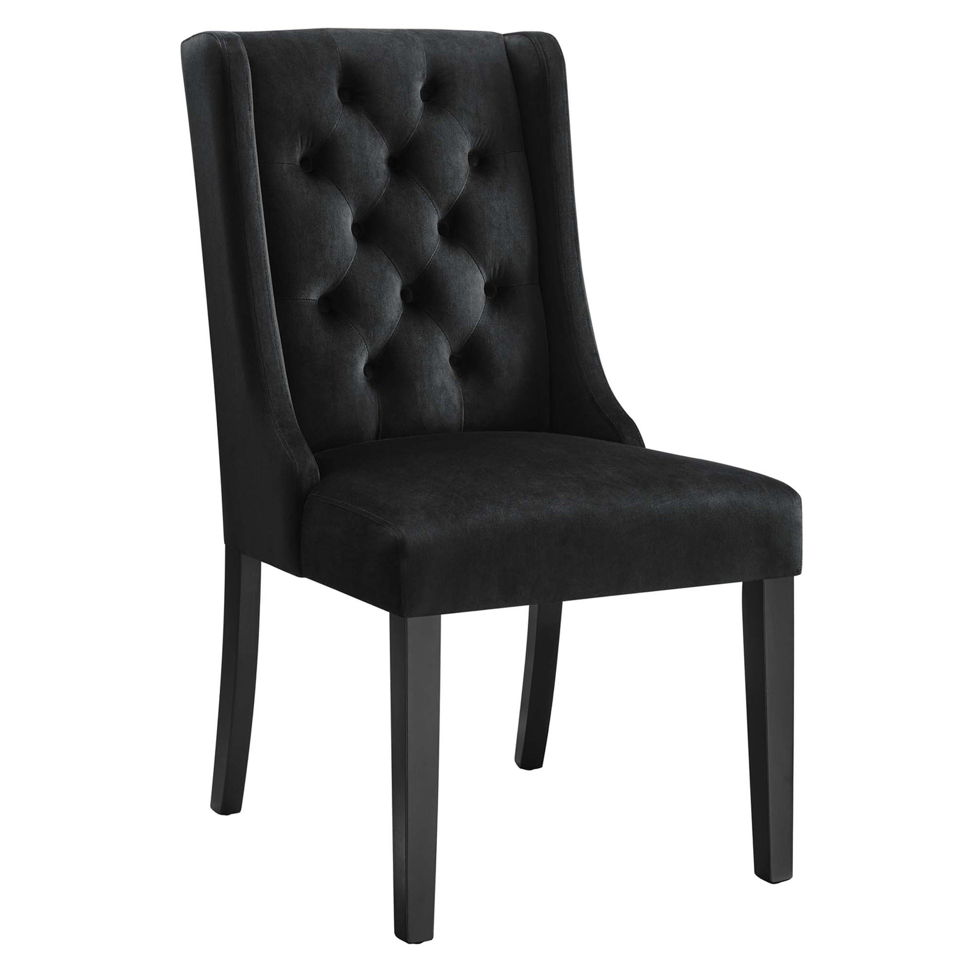 Black button-tufted dining chair with padded seat, curved high back, and straight tapered wooden legs.