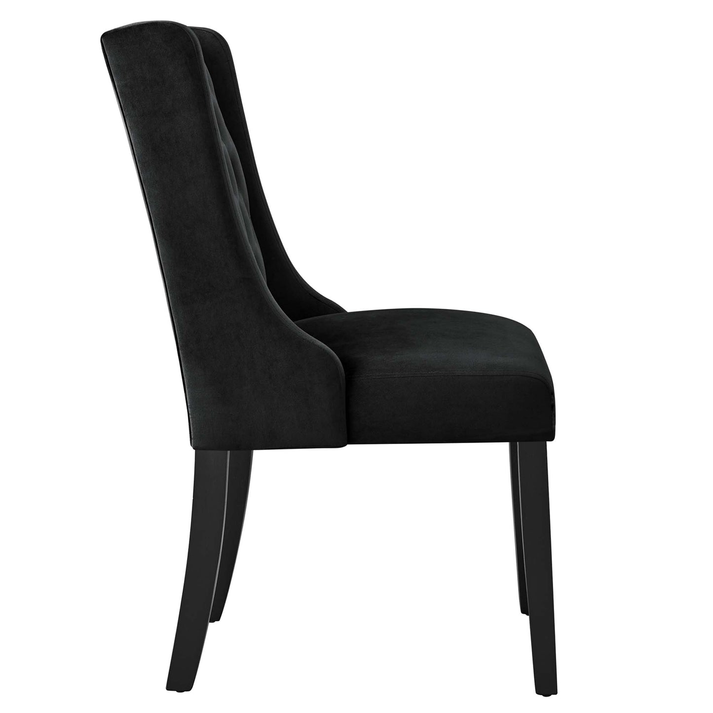 Black upholstered dining chair with high curved back and cushioned seat on tapered black legs.