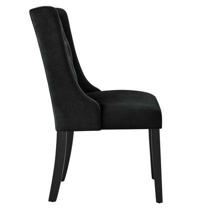 Black upholstered dining chair with high curved back and cushioned seat on tapered black legs.