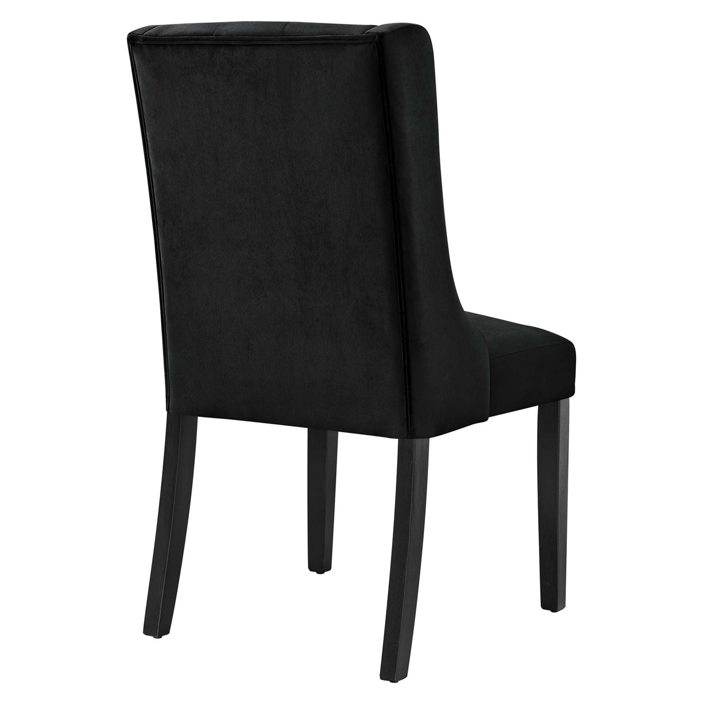 Pair of black upholstered dining chairs with tall backs, cushioned seats, and tapered black wood legs.