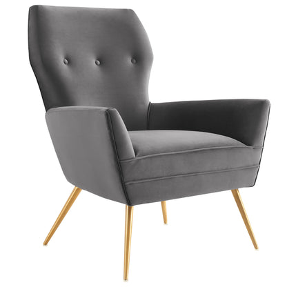 Gray velvet button-tufted armchair with a tufted back, cushioned arms, and gold tapered legs.